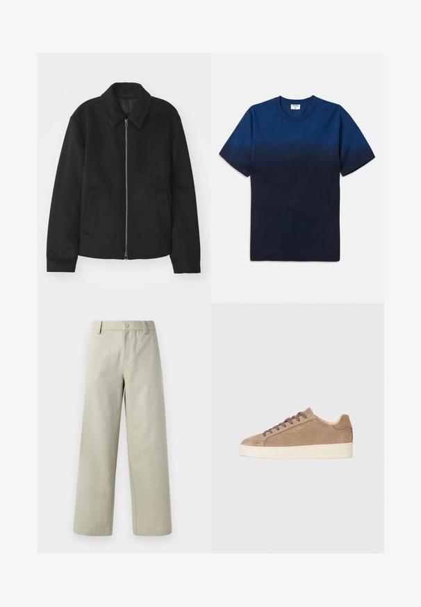 Svart jacka med dragkedjestängning, skräddarsydd design, rund krage och slitsfickor. Tillverkad av ett slätt, strukturerat tyg.; Mörkblå bomullströja med rund hals, korta ärmar och en subtil gradientdesign som övergår från ljusare till mörkare nyanser.; Han Kjøbenhavn WIDE LEG - Tygbyxor - light grey; Beige mockasinsneaker med rund tå, krämfärgad gummisula och bruna snören. Har ett präglat logotyp på sidan och strukturerat material.