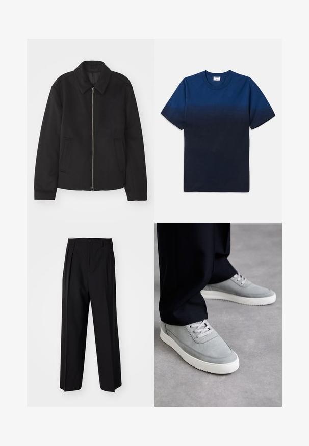 Black jacket with a zip closure, tailored design, a rounded collar, and slit pockets. Made from a smooth, textured fabric.; Navy blue cotton t-shirt with a round neck, short sleeves, and a subtle gradient design transitioning from lighter to darker shades.; Black pleated trousers with a straight, wide-leg design. Made from smooth fabric, featuring a button closure and belt loops.; Gray suede sneakers with white rubber soles, featuring lace-up design, rounded toe, and subtle stitching details, worn with black pants.