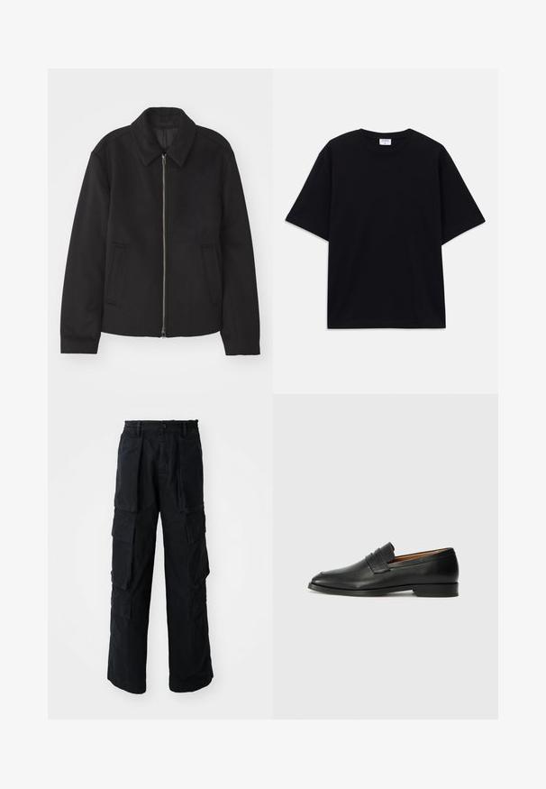 Black jacket with a zip closure, tailored design, a rounded collar, and slit pockets. Made from a smooth, textured fabric.; Black short-sleeve oversized T-shirt with round neckline and visible Filippa K brand label inside the collar.; Black wide-leg cargo pants with elastic waistband, button closure, large front and side flap pockets, displayed on white background.; Black leather loafer with a rounded toe, subtle stitched detailing, and a low heel, featuring a smooth texture and minimalist design.
