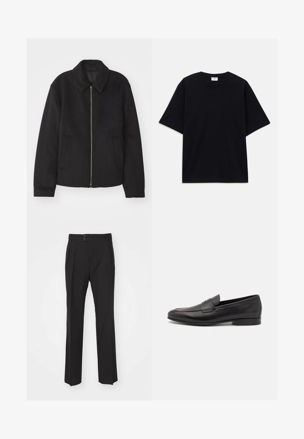 Musta takki vetoketjukiinnityksellä, muotoiltu design, pyöreä kaulus ja viilto-taskut. Valmistettu sileästä, tekstuuripinnoitteisesta kankaasta.; Mustat lyhythihainen oversized T-paita, jossa on pyöreä kaula-aukko ja näkyvä Filippa K -tuotemerkki etiketti kauluksessa.; Musta räätälöityjen housujen suora lahjamuoto, jossa on kaksi etutaskua ja kaksipainon suljin vyötäröllä. Sileä kangas.; Musta nahkainen miesten loaferi, jossa on matala korko ja klassinen penny-nauha, esitelty sivuprofiilissa valkoista taustaa vasten.