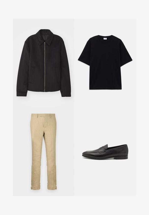 Black jacket with a zip closure, tailored design, a rounded collar, and slit pockets. Made from a smooth, textured fabric.; Black short-sleeve oversized T-shirt with round neckline and visible Filippa K brand label inside the collar.; Beige linen trousers, straight-leg design, lightweight fabric with subtle texture, featuring a standard waistband and no visible patterns.; Black leather men's loafer with a low heel and a classic penny strap design, shown in side profile on a white background.