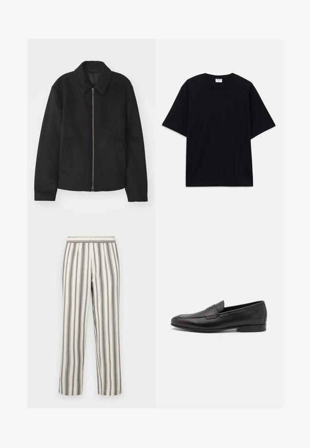 Black jacket with a zip closure, tailored design, a rounded collar, and slit pockets. Made from a smooth, textured fabric.; Black short-sleeve oversized T-shirt with round neckline and visible Filippa K brand label inside the collar.; Striped pants in a light cream color with thin gray vertical stripes. Features an elastic waistband and a straight leg cut.; Black leather men's loafer with a low heel and a classic penny strap design, shown in side profile on a white background.