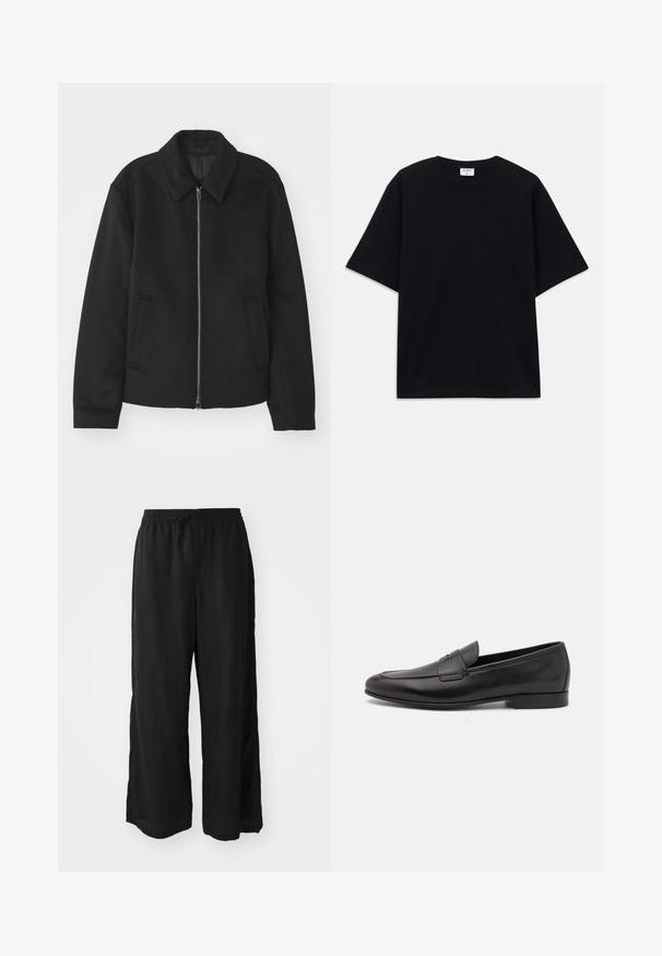 Black jacket with a zip closure, tailored design, a rounded collar, and slit pockets. Made from a smooth, textured fabric.; Black short-sleeve oversized T-shirt with round neckline and visible Filippa K brand label inside the collar.; Black wide-leg trousers made from lightweight fabric. Elastic waistband with a drawstring. Features side slits near the hem for ease of movement.; Black leather men's loafer with a low heel and a classic penny strap design, shown in side profile on a white background.