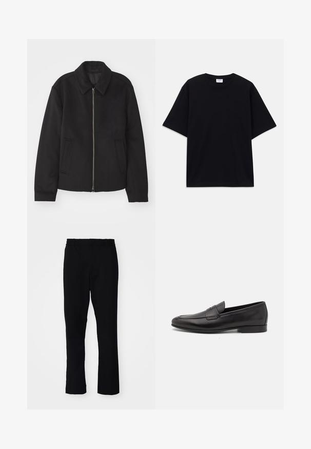 Schwarze Jacke mit Reißverschluss, tailliertem Schnitt, rundem Kragen und Schlitztaschen. Hergestellt aus einem glatten, strukturierten Stoff.; Schwarzes, oversized T-Shirt mit kurzen Ärmeln und rundem Ausschnitt, mit sichtbarem Filippa K Markenlabel im Kragen.; Schwarze Hose mit enger Passform. Sie verfügt über einen elastischen Bund und gerade Beine, gefertigt aus einem glatten Stoff mit matter Oberfläche.; Schwarze Leder-Herrenloafer mit niedrigem Absatz und klassischem Penny-Riemen-Design, seitlich auf einem weißen Hintergrund dargestellt.