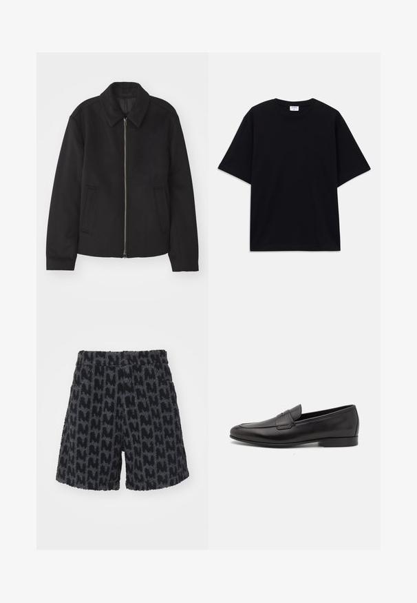 Zwarte jas met ritssluiting, op maat gemaakte ontwerp, ronde kraag en splitzakken. Gemaakt van een gladde, gestructureerde stof.; Zwarte oversized T-shirt met korte mouwen en ronde hals, met zichtbaar Filippa K merkelabel aan de binnenkant van de kraag.; Fuzzy zwarte en grijze shorts met een textuurpatroon dat lijkt op de letter "M." Voorzien van een tailleband met een knoop en zijzakken.; Zwarte leren herenloafers met een lage hak en een klassiek pennystrap-ontwerp, getoond in zijaanzicht op een witte achtergrond.