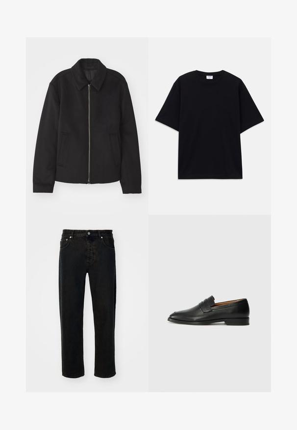 Black jacket with a zip closure, tailored design, a rounded collar, and slit pockets. Made from a smooth, textured fabric.; Black short-sleeve oversized T-shirt with round neckline and visible Filippa K brand label inside the collar.; Black denim jeans with a straight leg, five-pocket design, metal button, and contrasting stitching. Textured fabric with slight fading.; Black leather loafer with a rounded toe, subtle stitched detailing, and a low heel, featuring a smooth texture and minimalist design.
