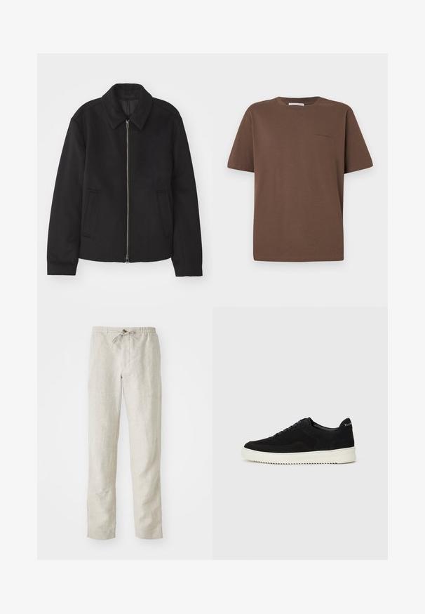 Juodas švarkas su užtrauktuku, pritaikyta forma, apvaliu apykakle ir kišenėmis su plyšiu. Pagamintas iš lygios, tekstūruotos medžiagos.; Rudas medvilninis marškinėliai su apvaliu iškirpimu, trumpomis rankovėmis ir mažu logotipu spausdintu priekyje. Lygus audinio tekstūros, laisvo kirpimo.; Šviesiai smėlio spalvos lininės kelnės su tiesiais džinsais, elastinga juosta, reguliuojama raišteliu ir be matomų raštų ar detalių.; Juodos veliūrinės sportinės bateliai su raištelių dizainu ir kontrastinga balta gumine padais. Yra tekstūruoti šoniniai skydeliai ir subtilus logotipas ant kulno.