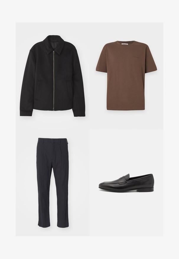 Sort jakke med lynlås, skræddersyet design, rund krave og slidser. Fremstillet af et glat, textureret stof.; Brun bomulds t-shirt med rund halsudskæring, korte ærmer og et lille logo trykt foran. Flad stoftekstur, afslappet pasform.; Sorte plisserede bukser med et tekstureret stof, der har et lige ben-design og en standard talje. Ingen synlige lommer eller beslag.; Sort læder herre loafers med lav hæl og et klassisk penny strap design, vist i sideprofil på en hvid baggrund.
