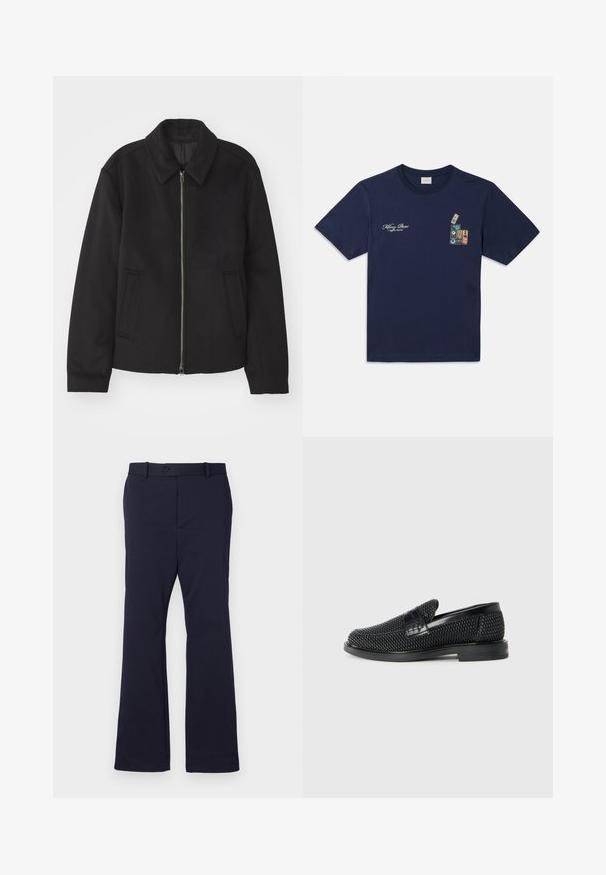 Svart jacka med dragkedjestängning, skräddarsydd design, rund krage och slitsfickor. Tillverkad av ett slätt, strukturerat tyg.; Navyblå bomull t-shirt med kort ärm, med en grafik av staplade kassettband och texten "Killing Bees" på bröstet.; Marina blå byxor gjorda av slät tyg med rak bendesign, framfickor och en enda knäppning i midjan.; Svart vävd slip-on sko med en slät läderdetalj på ovansidan, med rund tådesign och en låg gummisula.