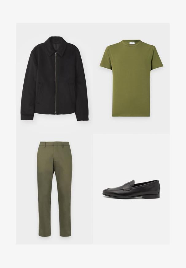 Schwarze Jacke mit Reißverschluss, tailliertem Schnitt, rundem Kragen und Schlitztaschen. Hergestellt aus einem glatten, strukturierten Stoff.; Olivgrünes T-Shirt mit kurzen Ärmeln aus weichem, glattem Stoff. Klassischer Rundhalsausschnitt, klare Linien und keine sichtbaren Muster oder Akzente.; Olivgrüne gerade geschnittene Hose mit Gürtelschlaufen und verdecktem Frontverschluss vor einem weißen Hintergrund.; Schwarze Leder-Herrenloafer mit niedrigem Absatz und klassischem Penny-Riemen-Design, seitlich auf einem weißen Hintergrund dargestellt.