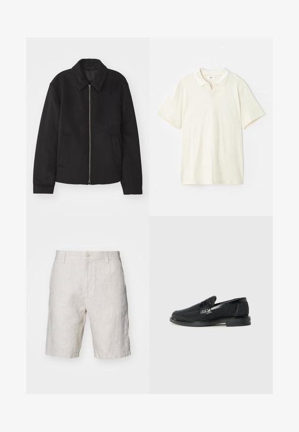 Juodas švarkas su užtrauktuku, pritaikyta forma, apvaliu apykakle ir kišenėmis su plyšiu. Pagamintas iš lygios, tekstūruotos medžiagos.; Kremo spalvos polo marškiniai su klasikinio tipo apykakle, trumpomis rankovėmis ir nedideliu v-formos įpjovimu prie kaklo. Lygus audinys ir minimalus dizainas.; Šviesūs beige spalvos lininiai šortai su natūralia tekstūra, turintys priekinį mygtuko užsegimą ir šonines kišenes. Tiesaus kirpimo kojos dizainas.; Juodas pintas slip-on tipo batelis su lygiu odiniu akcentu viršuje, apvalios nosies dizainas ir žemas guminis padas.