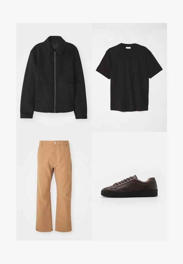 Schwarze Jacke mit Reißverschluss, tailliertem Schnitt, rundem Kragen und Schlitztaschen. Hergestellt aus einem glatten, strukturierten Stoff.; Schwarzes Baumwoll-T-Shirt mit Rundhalsausschnitt, kurzen Ärmeln und lockerer Passform. Einfaches Design, glatte Textur und keine sichtbaren Muster oder Logos.; Braune Baumwollhose mit geradem Bein, ausgestattet mit einem einzelnen Knopfverschluss und dezenten Nähten für zusätzliche Details.; Braune Ledersneaker mit glatter Textur, runder Zehenpartie und schwarzer Gummisohle. Verfügt über tonale Schnürsenkel und minimalistische Designdetails.