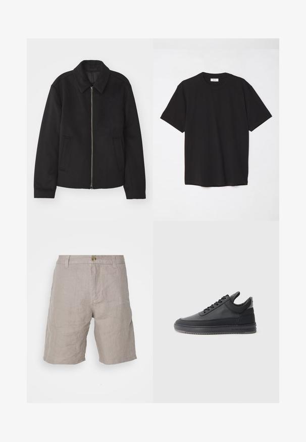 Črna jakna z zadrgo, prilagojena zasnova, okrogla ovratnica in žepi z rezi. Narejena iz gladke, teksturirane tkanine.; Črna bombažna majica s krojnim ovratnikom, kratkimi rokavi in sproščenim krojem. Preprost dizajn, gladka tekstura in brez vidnih vzorcev ali logotipov.; Bež lanene kratke hlače sproščenega kroja, z gumbom za zapiranje, zankami za pas in gladko teksturo. Brez vidnih vzorcev ali poudarkov.; Črne usnjene superge z teksturirano površino, s sistemom vezanja, nizkim zgornjim delom in sivo gumijasto podplato, ki ima rebrast rob.