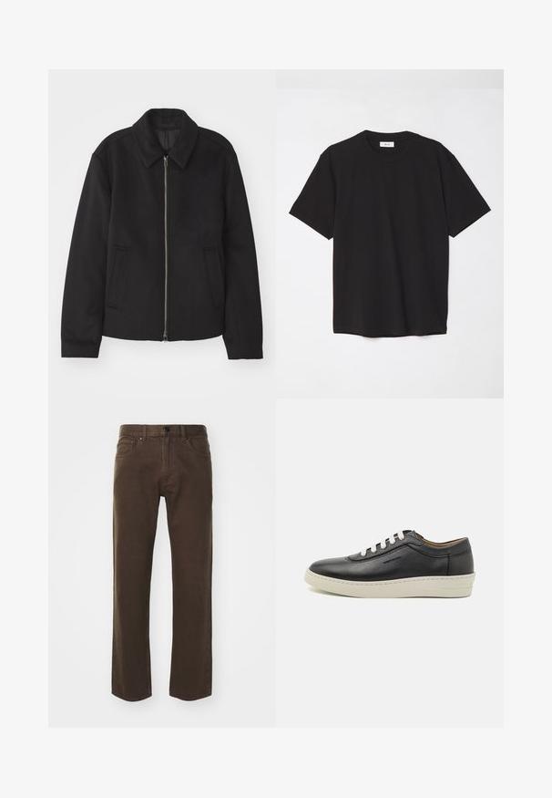 Jachetă neagră cu închidere prin fermoar, design ajustat, guler rotund și buzunare cu fanta. Fabricată dintr-un material neted, texturat.; Tricou negru din bumbac, cu guler rotund, mâneci scurte și o croială lejeră. Design simplu, textură netedă și fără modele sau logo-uri vizibile.; Theory VIGGO - Blugi drepți - brown; Sneaker din piele negra cu talpă din cauciuc alb, vârf rotund și sireturi plate, cu detalii de cusătură pe lateral și branding subtil.
