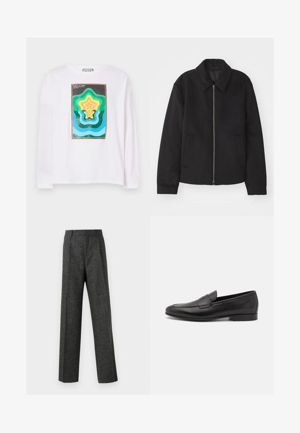 Veste noire avec fermeture éclair, design ajusté, col arrondi et poches fendue. Fabriquée dans un tissu lisse et texturé.; T-shirt à manches longues blanc avec un imprimé géométrique coloré comprenant des formes d'étoiles superposées en vert, jaune et bleu, encadrées par une bordure sombre.; Pantalon gris ajusté en tissu texturé, doté de deux plis sur le devant et d'une coupe droite. Pas de poches visibles ni de décorations.; Mocassin pour homme en cuir noir avec un petit talon et un design classique à lanière penny, présenté en profil sur fond blanc.