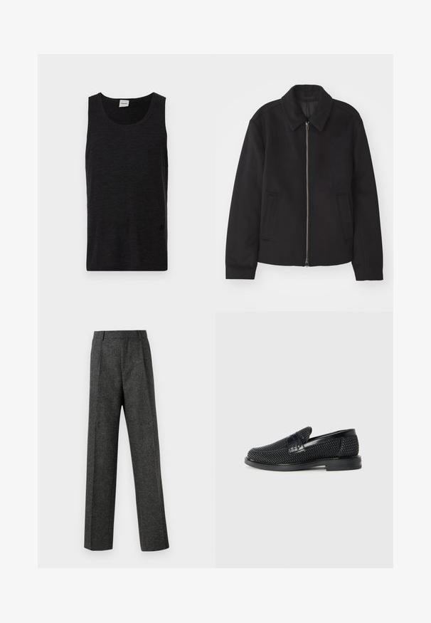 Black jacket with a zip closure, tailored design, a rounded collar, and slit pockets. Made from a smooth, textured fabric.; Black sleeveless tank top made of textured material. Features a round neckline and a subtle logo accent near the hem. Simple design.; Gray tailored trousers made of textured fabric, featuring two front pleats and a straight-leg design. No visible pockets or embellishments.; Black woven slip-on shoe with a smooth leather accent on the upper, a round toe design, and a low-profile rubber sole.