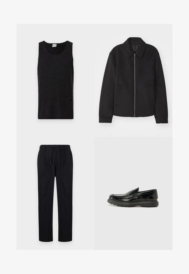 Sort jakke med lynlås, skræddersyet design, rund krave og slidser. Fremstillet af et glat, textureret stof.; Sort ærmeløs tanktop lavet af struktureret materiale. Har en rund halsudskæring og en diskret logoaccents nær kanten. Simpelt design.; Sorte bukser lavet af glat stof, med snor i taljen, lige ben og frontfolder for et struktureret udseende.; Sort læderloafer med en blank finish, rund tå, subtile syninger og en tyk gummisål for holdbarhed.