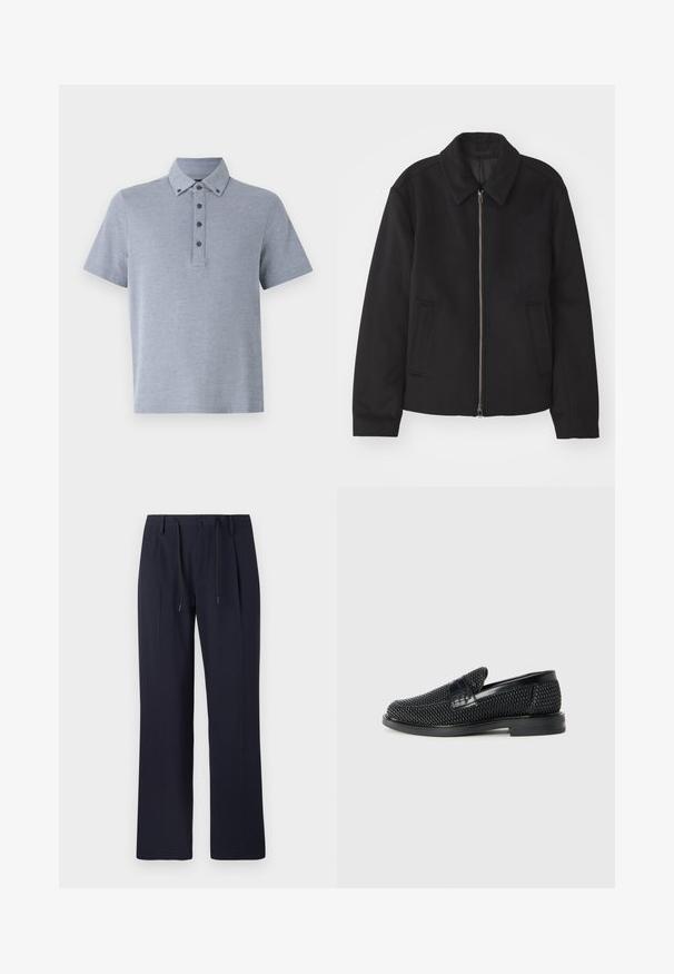 Sort jakke med lynlås, skræddersyet design, rund krave og slidser. Fremstillet af et glat, textureret stof.; Lys grå kortærmet polo shirt med en knappet placket, krave og en blød, tekstureret stoffinish.; Marineblå bukser med lige ben-design, fremstillet af struktureret stof. Har en frontlukning med knap og en justerbar snøring i taljen.; Sort vævet slip-on sko med en glat læderdetalje på overdelen, en rund tådesign og en lavprofil gummisål.