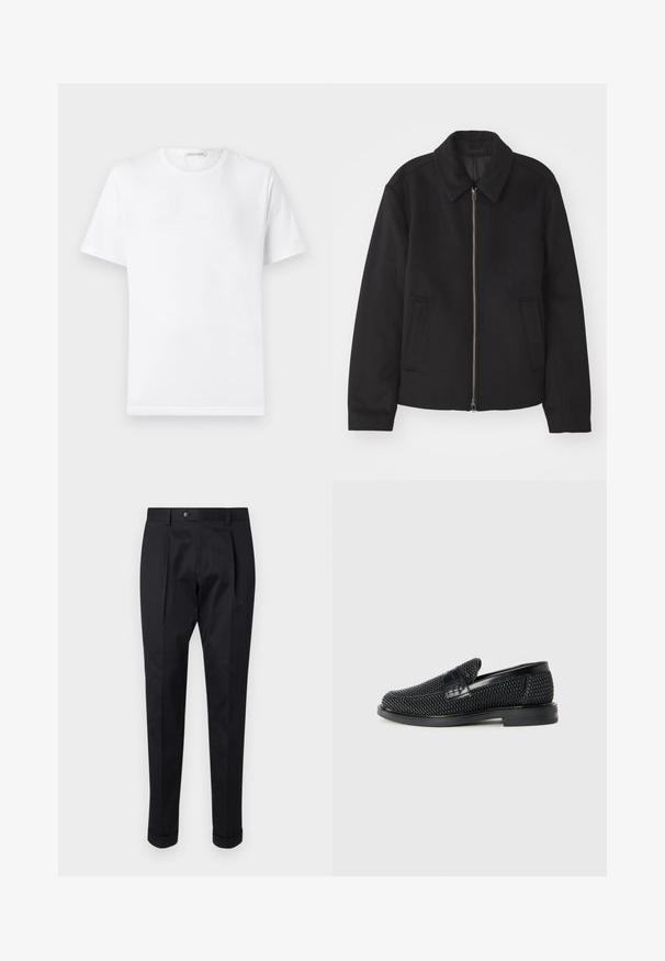 Casaco preto com fecho de correr, design ajustado, colarinho redondo e bolsos com fenda. Feito de um tecido liso e texturizado.; T-shirt de algodão branco com gola redonda e mangas curtas. Apresenta um discreto logótipo em relevo no peito. Textura suave, ajuste padrão.; Calças pretas feitas de um tecido suave, com um vinco na frente, fechamento com botão e punhos dobrados no tornozelo.; Sandalha preta entrelaçada com um accento de couro liso na parte superior, design de biqueira redonda e sola de borracha de perfil baixo.