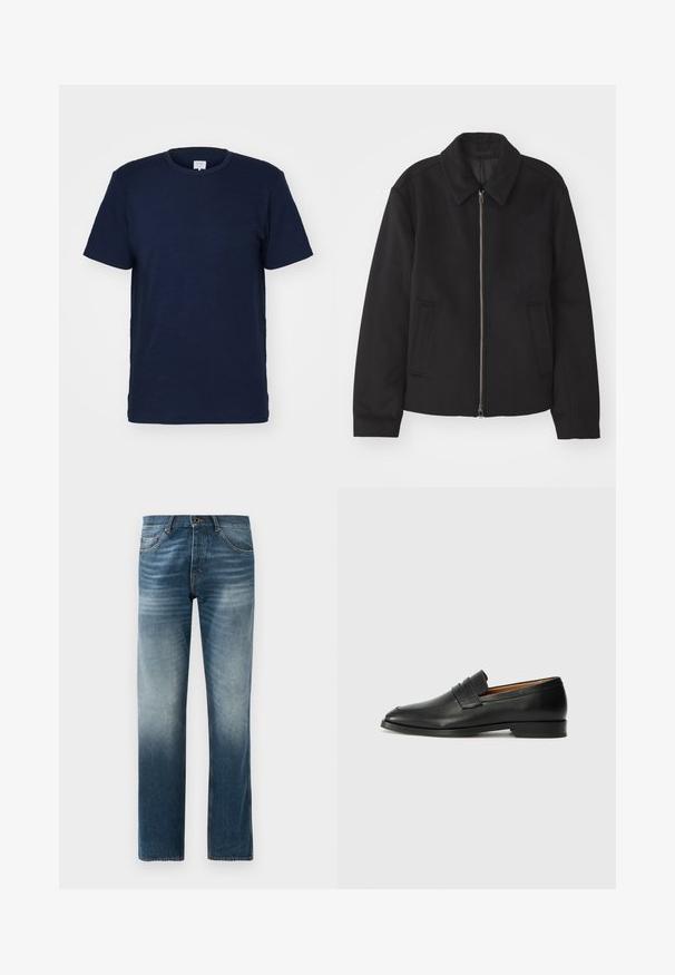 Fekete dzseki cipzárral, testreszabott dizájnnal, kerek nyakkal és zsebekkel. Sima, texturált anyagból készült.; Tengerészkék, rövid ujjú póló, kerek nyakkal, puha anyagból készült, sima textúrával és egyszerű, minta nélküli dizájnnal.; Sötét kék árnyalatú farmernadrág, egyenes szabással. Öt zsebet, normál derékszíjat övlyukakkal és fémből készült gombzárat tartalmaz.; Fekete bőr mokaszin, kerek orral, diszkrét varrásokkal és alacsony sarokkal, sima felülettel és minimalista dizájnnal.