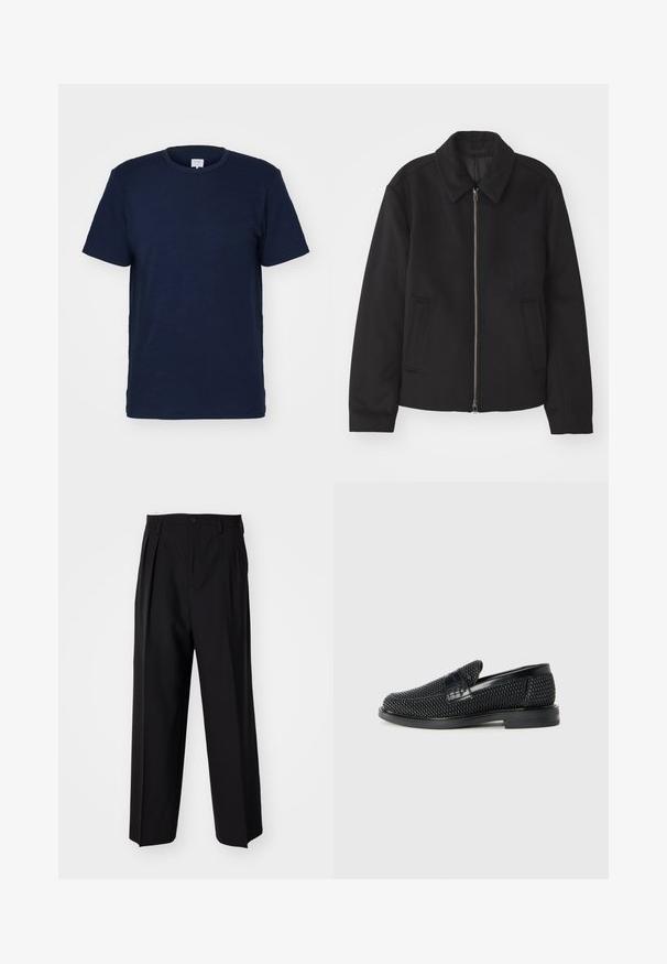 Sort jakke med lynlås, skræddersyet design, rund krave og slidser. Fremstillet af et glat, textureret stof.; Mørkeblå kortærmet t-shirt med rund hals, lavet af blødt stof, der har en glat tekstur og et enkelt design uden mønstre.; Sorte plisserede bukser med et lige, bred ben-design. Fremstillet af glat stof, med en knaplukning og bæltesløjfer.; Sort vævet slip-on sko med en glat læderdetalje på overdelen, en rund tådesign og en lavprofil gummisål.