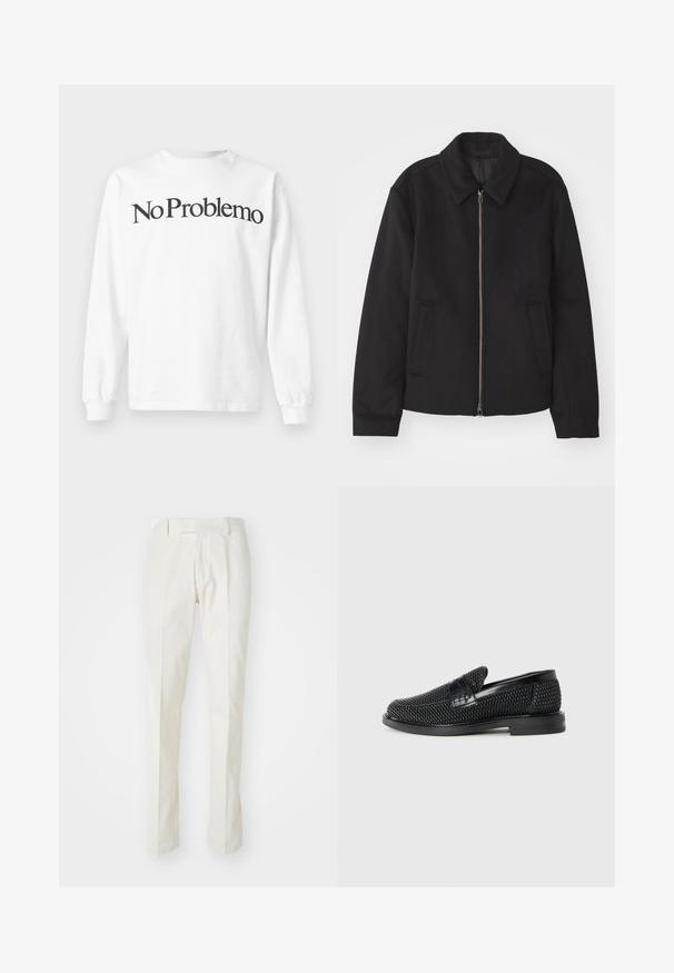 Jachetă neagră cu închidere prin fermoar, design ajustat, guler rotund și buzunare cu fanta. Fabricată dintr-un material neted, texturat.; Tricou alb cu mânecă lungă, confecționat din bumbac, cu text negru „No Problemo” imprimat pe piept. Design simplu, cu guler rotund și manșete ribbate.; Pantaloni albi din bumbac, cu un design drept, față plată și fără modele sau accesorii vizibile. Textură netedă.; Pantofii negri din material textil, cu accent din piele netedă pe partea superioară, design cu vârf rotund și talpă din cauciuc de profil redus.