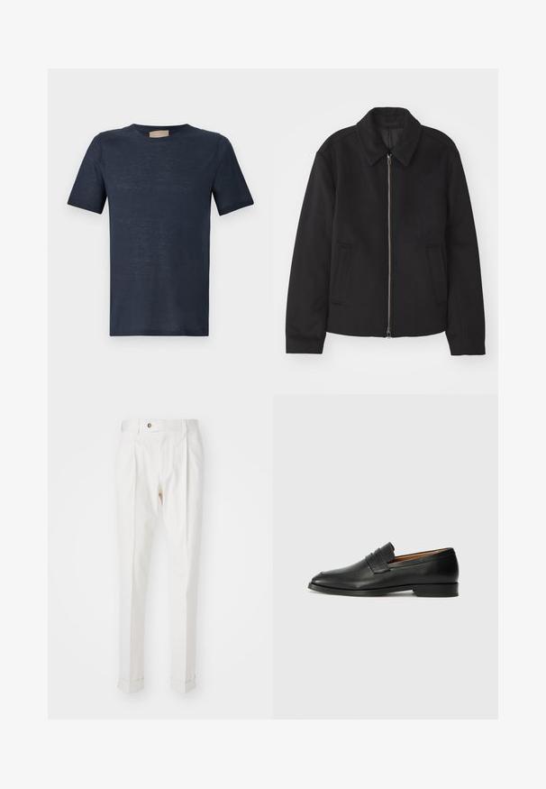 Czarna kurtka z zamkiem błyskawicznym, dopasowany krój, okrągły kołnierz i kieszenie cięte. Wykonana z gładkiego, teksturowanego materiału.; Granatowa koszulka z krótkim rękawem i okrągłym dekoltem uszyta z lekkiego, lekko przezroczystego materiału na białym tle.; Białe, dopasowane spodnie z płaskim przodem, dwoma zaszewkami i podwiniętymi mankietami. Wykonane z gładkiego materiału z zapięciem na guzik w talii.; Czarne skórzane mokasyny z zaokrąglonym noskiem, subtelnymi przeszyciami i niskim obcasem, charakteryzujące się gładką teksturą i minimalistycznym designem.
