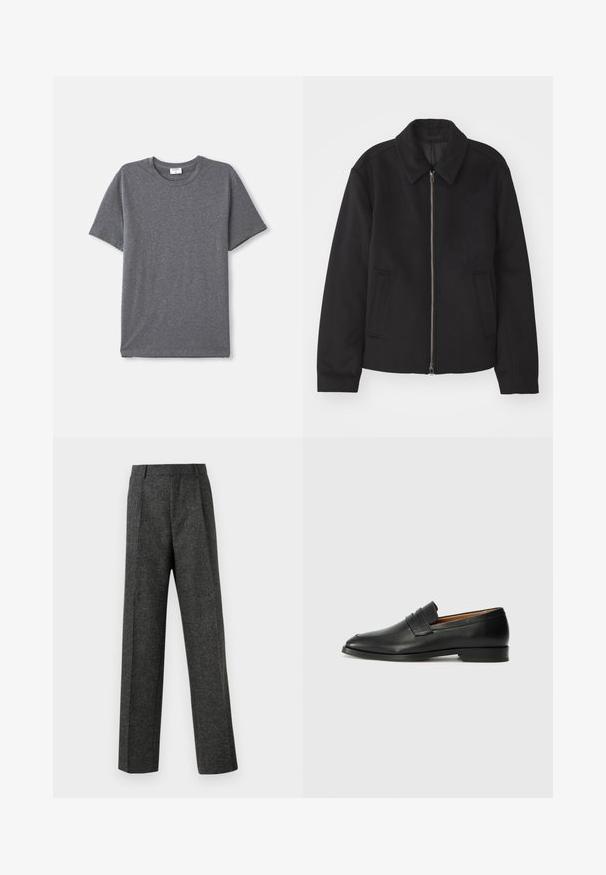 Black jacket with a zip closure, tailored design, a rounded collar, and slit pockets. Made from a smooth, textured fabric.; Gray short-sleeve t-shirt made of soft, smooth fabric. Classic crew neckline with a relaxed fit and no prominent design features.; Gray tailored trousers made of textured fabric, featuring two front pleats and a straight-leg design. No visible pockets or embellishments.; Black leather loafer with a rounded toe, subtle stitched detailing, and a low heel, featuring a smooth texture and minimalist design.