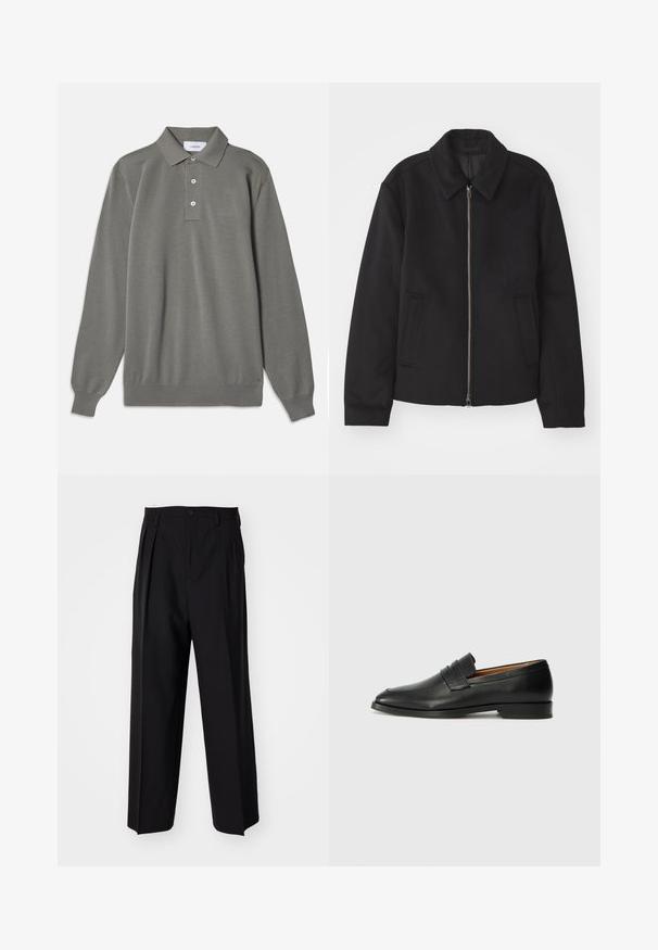 Melnā jaka ar rāvējslēdzēju, piegrieztas formas dizains, noapaļots apkakle un šķēluma kabatas. Izgatavota no gludas, teksturētas auduma.; Pelēks garām piedurknēm polo krekls no struktūrēta auduma, ar klasisku apkakli, trīs pogu aizdari un ribotiem piedurkņu galiem.; Melnas plisētās bikses ar taisnu, plata kāja dizainu. Izgatavotas no gludas auduma, ar pogu aizdari un jostas cilpiņām.; Melnas ādas loafers ar noapaļotu purngala formu, smalku izšuvumu un zemu papēdi, piedāvājot gludu tekstūru un minimālistisku dizainu.