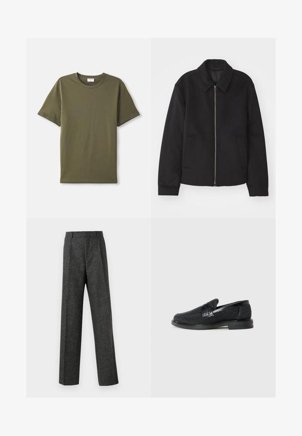 Casaco preto com fecho de correr, design ajustado, colarinho redondo e bolsos com fenda. Feito de um tecido liso e texturizado.; T-shirt simples de manga curta, cor verde oliva, disposto em plano sobre um fundo branco.; Calças cinzentas ajustadas, feitas de um tecido texturizado, com duas pregas frontais e um design de perna reta. Sem bolsos visíveis ou enfeites.; Sandalha preta entrelaçada com um accento de couro liso na parte superior, design de biqueira redonda e sola de borracha de perfil baixo.