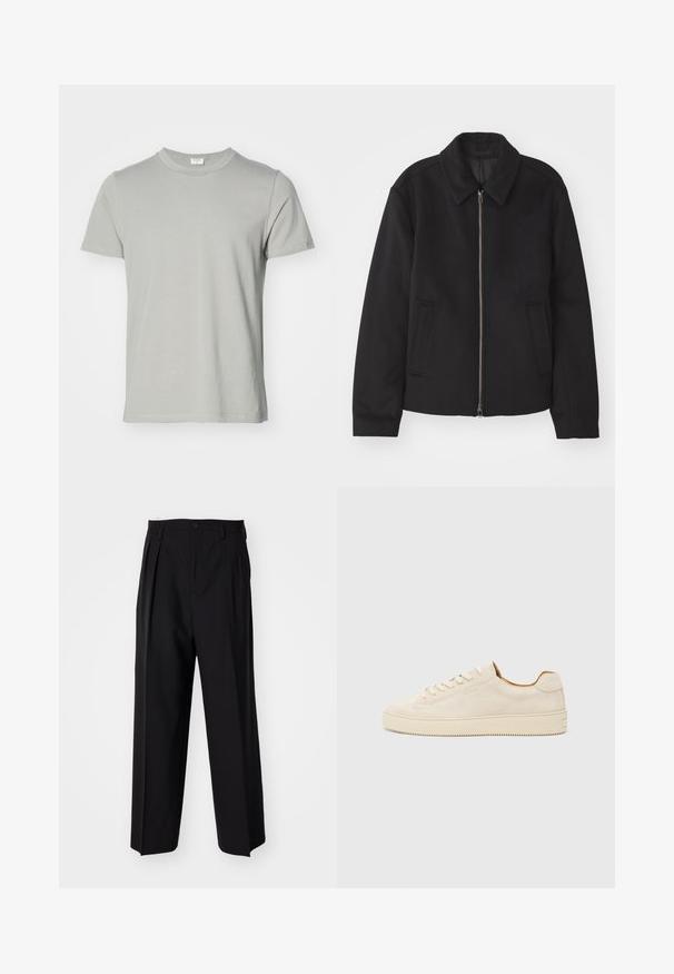 Črna jakna z zadrgo, prilagojena zasnova, okrogla ovratnica in žepi z rezi. Narejena iz gladke, teksturirane tkanine.; T-maica s kratkimi rokavi iz svetlo sivega bombaža z okroglim izrezom in ravnim robom. Gladka tekstura, brez vzorcev ali vidnih kovinskih delov.; Črne nabirane hlače s ravnim, širokim krojem. Narejene so iz gladkega materiala in imajo zadrgo ter pasne zanke.; Bež suède teniska z nizkim dizajnom, okroglim prstom, ravnimi čipkami in teksturirano gumijasto podplatom. Minimalističen slog brez vidnih logotipov.
