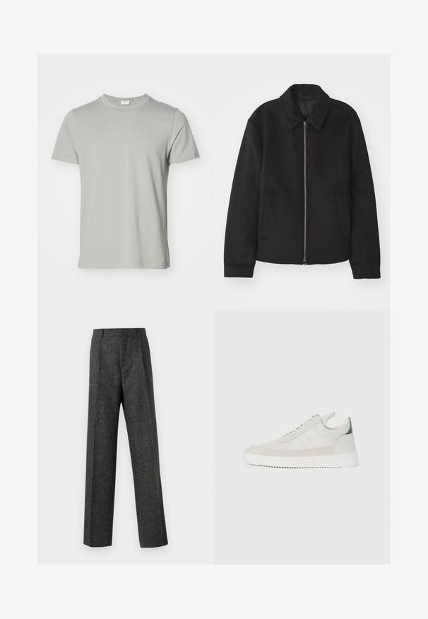 Chaqueta negra con cierre de cremallera, diseño ajustado, cuello redondeado y bolsillos con abertura. Fabricada en un tejido suave y texturizado.; Camiseta de manga corta en algodón gris claro, con cuello redondo y dobladillo recto. Textura suave, sin patrones ni herrajes visibles.; Pantalones gris ajustados hechos de una tela texturizada, con dos pliegues frontales y un diseño de pierna recta. Sin bolsillos visibles ni adornos.; Zapatillas de cuero blancas con acentos de ante gris, diseño con cordones, asa de tirón y suela de goma texturizada con un patrón en zigzag.