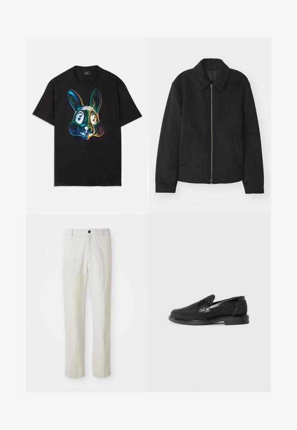 Juodas švarkas su užtrauktuku, pritaikyta forma, apvaliu apykakle ir kišenėmis su plyšiu. Pagamintas iš lygios, tekstūruotos medžiagos.; Juodas medvilnės marškinėliai su spalvinga, abstrakčia triukšmo veido iliustracija priekyje. Apvalus kaklas, trumpomis rankovėmis ir laisvas siluetas.; Bežiniai tiesūs keliai su diržo kilpomis, priekiniais mygtukais ir užtrauktuku, išdėstyti ant balto fono.; Juodas pintas slip-on tipo batelis su lygiu odiniu akcentu viršuje, apvalios nosies dizainas ir žemas guminis padas.