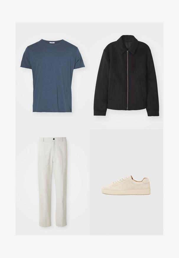 Fekete dzseki cipzárral, testreszabott dizájnnal, kerek nyakkal és zsebekkel. Sima, texturált anyagból készült.; Filippa K ROLL NECK TEE - Basic póló - dawn blue; Bézs egyenes szárú nadrág övlyukkal, elülső gombbal és cipzárral, síkban egy fehér háttéren elhelyezve.; Beige velúr sportcipő alacsony fazonban, kerek orral, lapos fűzőkkel és texturált gumitalppal. Minimalista stílus, látható logók nélkül.