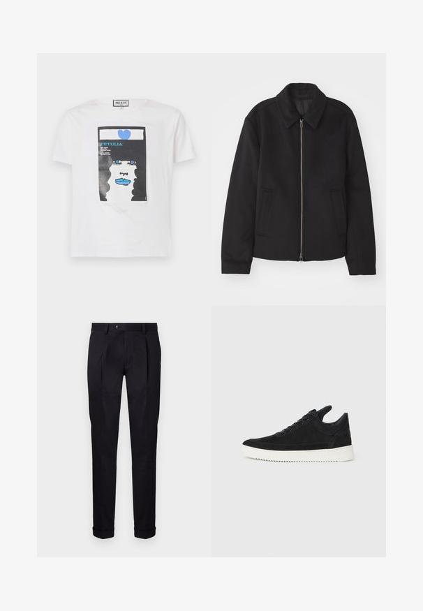 Jachetă neagră cu închidere prin fermoar, design ajustat, guler rotund și buzunare cu fanta. Fabricată dintr-un material neted, texturat.; T-shirt alb din bumbac cu un imprimeu grafic al unei fețe cu păr creț negru, buze albastre și inimă albastră, incluzând elemente de text.; Pantaloni negri din stofă netedă, croiți pe măsură, cu față plată, două pliuri frontale și tivuri cunosute pentru un aspect curat și structurat.; Sneakers negre din suede cu o talpă din cauciuc albă, prezentând cusături tonale și un design cu șireturi. Textură netedă cu o formă modernă și aerodinamică.