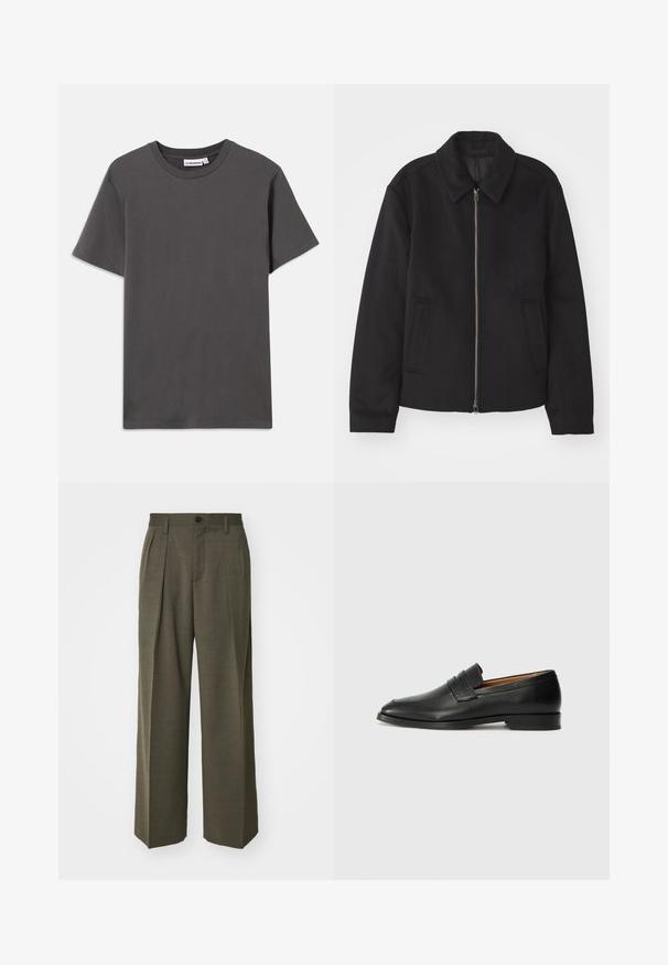 Svart jacka med dragkedjestängning, skräddarsydd design, rund krage och slitsfickor. Tillverkad av ett slätt, strukturerat tyg.; En enkel mörkgrå kortärmad T-shirt med rund halsringning och en liten vit märkesetikett inuti kragen på en vit bakgrund.; Filippa K WIDE TROUSERS - Tygbyxor - driftwood; Svart läderloafersko med rund tå, subtila sömnadsdetaljer och låg klack, med en jämn yta och minimalistisk design.