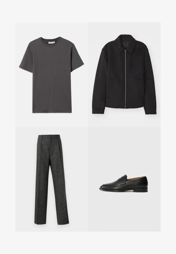 Schwarze Jacke mit Reißverschluss, tailliertem Schnitt, rundem Kragen und Schlitztaschen. Hergestellt aus einem glatten, strukturierten Stoff.; Ein schlichtes, dunkelgraues T-Shirt mit kurzen Ärmeln und Rundhalsausschnitt, mit einem kleinen weißen Markenschild im Kragen, auf einem weißen Hintergrund.; Graue maßgeschneiderte Hose aus strukturiertem Stoff, mit zwei vorderen Falten und geradem Bein. Keine sichtbaren Taschen oder Verzierungen.; Schwarze Leder-Slipper mit runder Zehenform, dezenten gestickten Details und niedrigem Absatz, ausgestattet mit glatter Textur und minimalistischem Design.