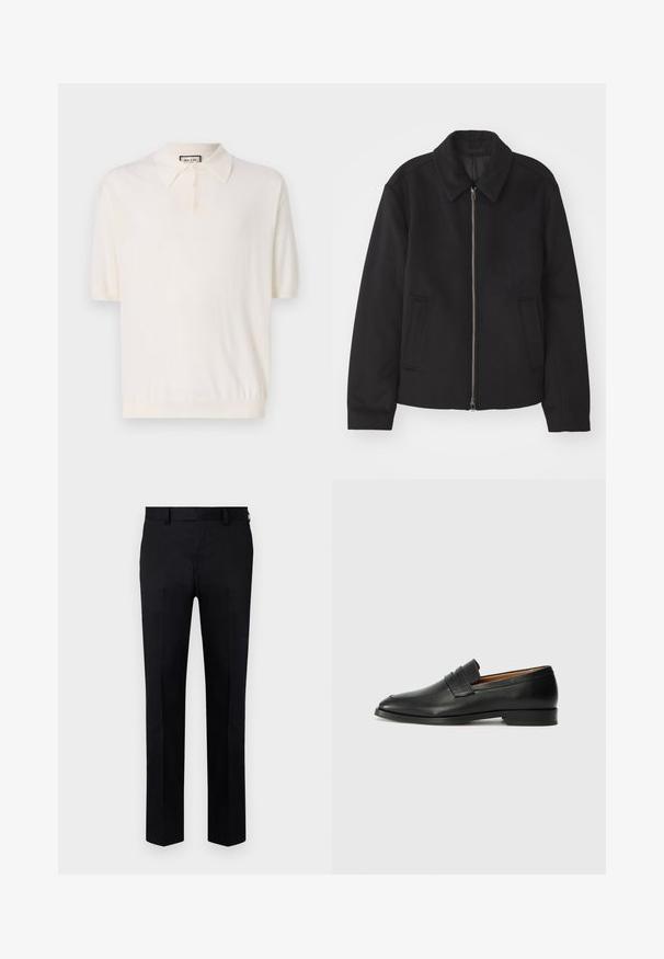 Zwarte jas met ritssluiting, op maat gemaakte ontwerp, ronde kraag en splitzakken. Gemaakt van een gladde, gestructureerde stof.; Korte mouw polo shirt in crème met een klassieke kraag, vierknopssluiting en geribde zoom. Gemaakt van zacht, lichtgewicht stof.; Zwarte broek van gladde stof, met een rechte pijpdesign, voornaad en riemlussen bij de taille. Geen zichtbare patronen of accenten.; Zwarte leren instapper met een ronde neus, subtiele stikdetails en een lage hak, met een gladde textuur en een minimalistisch ontwerp.