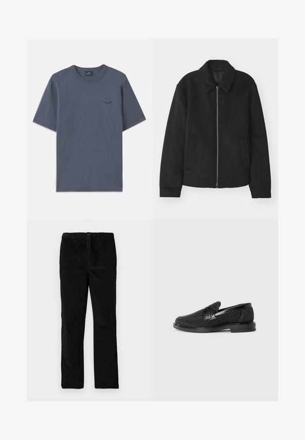 Jachetă neagră cu închidere prin fermoar, design ajustat, guler rotund și buzunare cu fanta. Fabricată dintr-un material neted, texturat.; Tricou scurt cu mânecă, de culoare albastru închis, din bumbac, având un decolteu rotund și un mic detaliu grafic negru pe piept. Croială lejeră cu tiv drept.; Pantaloni din catifea negri, drepti, cu talie elastică și șnur în față, expuși pe un fundal alb simplu.; Pantofii negri din material textil, cu accent din piele netedă pe partea superioară, design cu vârf rotund și talpă din cauciuc de profil redus.