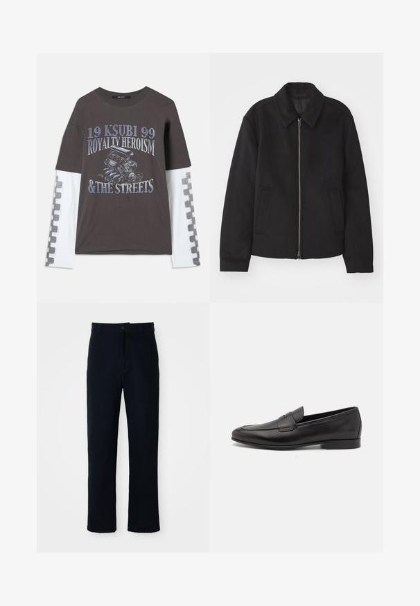 Black jacket with a zip closure, tailored design, a rounded collar, and slit pockets. Made from a smooth, textured fabric.; Dark gray t-shirt with long white sleeves, featuring graphic print of an engine and text in blue. Checkered pattern along sleeves.; Navy blue trousers made of cotton, featuring a straight-leg design, a front button closure, and classic waistband with belt loops.; Black leather men's loafer with a low heel and a classic penny strap design, shown in side profile on a white background.