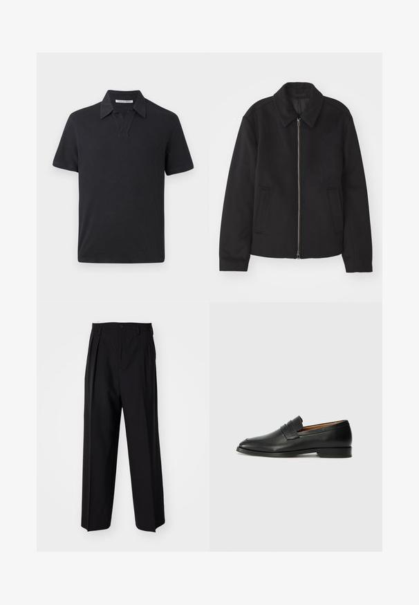 Must mustriga, mis on varustatud lukuga, kohandatud disaini, ümarate kaeluste ja lõhesalongidega taskudega. Valmistatud siledast, tekstuurilisest kangast.; Must mustamine särk, mis on valmistatud puuvillast. Lühike krae, lühikesed varrukad ja mugav lõige. Lihtne disain, ilma nähtavate mustrite või aktsendita.; Mustad volditud püksid sirge ja laia säärega disainiga. Valmistatud siledast kangast, millel on nuppudega sulgemine ja vööaasad.; Must musta loafers ümarate varvastega, peene tikandiga ja madala kontsaga, millel on sile tekstuur ja minimalistlik disain.