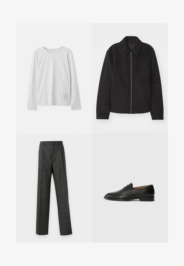 Čierna bunda so zipsom, upravený strih, okrúhly golier a bočné vrecká. Vyrobená z hladkej, textúrovanej látky.; Biele tričko s dlhým rukávom vyrobené z jemnej bavlny. Má okrúhly výstrih a malú značkovú nálepku na dolnej ľavej strane.; Sivé úzke nohavice z textúrovanej látky, s dvoma prednými skladmi a rovnými nohavicami. Bez viditeľných vreciek alebo ozdôb.; Čierne kožené mokasíny s okrúhlou špičkou, jemným prešitím a nízkym podpätkom, s hladkou textúrou a minimalistickým dizajnom.