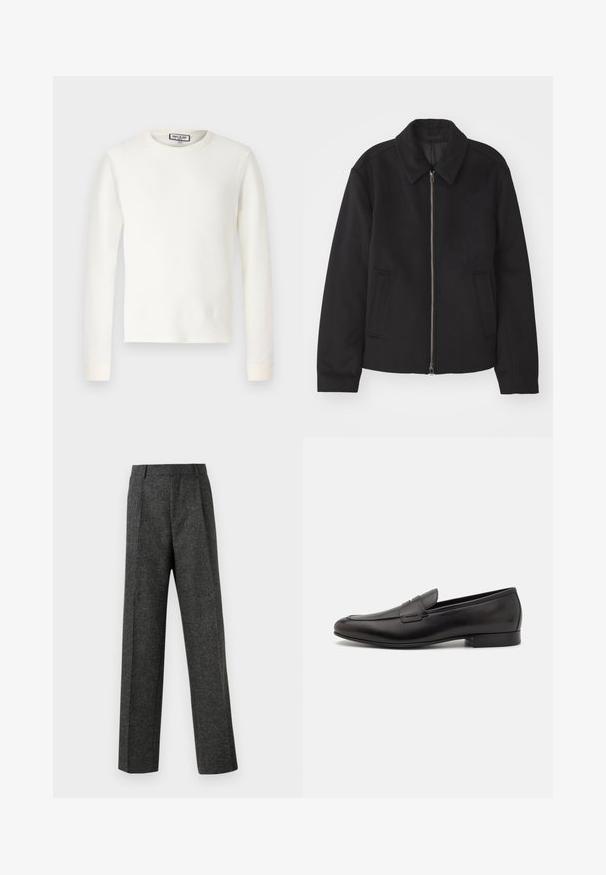 Melnā jaka ar rāvējslēdzēju, piegrieztas formas dizains, noapaļots apkakle un šķēluma kabatas. Izgatavota no gludas, teksturētas auduma.; Balta garām piedurknēm termo krekls ar ribotu tekstūru, apaļu izgriezumu un elastīgiem aproces galiem. Tīrs dizains bez rakstiem vai papildu akcentiem.; Pelēki piegriezti bikses, izgatavotas no tekstūras auduma, ar diviem priekšējiem krokām un taisnu kāju dizainu. Nav redzamu kabatu vai rotājumu.; Melnas ādas loafers ar elegantu dizainu, noapaļotu purngalu un zemu kaudzes papēdi. Iezīmē dekoratīvu diega šuvumu augšējā daļā.