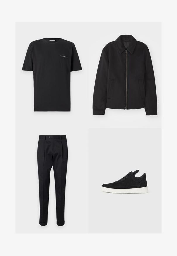 Μαύρο μπουφάν με φερμουάρ, κομψή γραμμή, στρογγυλός γιακάς και τσέπες με άνοιγμα. Κατασκευασμένο από μαλακό, υφασμάτινο υλικό.; Μαύρο κοντομάνικο T-shirt από βαμβάκι, με στρογγυλή λαιμόκοψη και μικρό λευκό λογότυπο στην αριστερή πλευρά του στήθους.; Μαύρο παντελόνι από μαλακό ύφασμα, με πλαϊνές πιέτες στο μπροστινό μέρος, κουμπί κλεισίματος και διπλωμένα μανίκια στον αστράγαλο.; Μαύρο σουέτ αθλητικό παπούτσι με λευκή καουτσούκ σόλα, με τόνο ραφές και σχέδιο με κορδόνια. Λείος υφή με μοντέρνα, αεροδυναμική γραμμή.