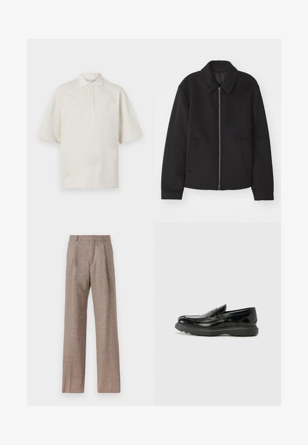 Jachetă neagră cu închidere prin fermoar, design ajustat, guler rotund și buzunare cu fanta. Fabricată dintr-un material neted, texturat.; Polo de culoare bej, cu mâneci scurte, guler, trei nasturi frontali și o textură moale. Are o croială relaxată, dreaptă.; Pantaloni bej, cu talie înaltă, dintr-un material texturat. Prezintă picioare late și două pliseuri frontale pentru structură. Finisaj îngrijit, fără accesorii vizibile.; Mocasin din piele neagră cu o finisare lucioasă, vârf rotunjit, detalii de cusătură subtile și o talpă groasă din cauciuc pentru durabilitate.