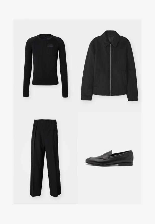 Casaco preto com fecho de correr, design ajustado, colarinho redondo e bolsos com fenda. Feito de um tecido liso e texturizado.; Camisola atlética preta de mangas longas com padrões texturizados, decote redondo e detalhe de logotipo impresso. Feita de um tecido elástico e que absorve a humidade.; Calças pretas plissadas com um design reto e de perna larga. Feitas de um tecido liso, apresentam um fecho de botão e passantes para cinto.; Sapatilha masculina em couro preto, com salto baixo e um design clássico com tira de moeda, apresentada em perfil lateral sobre um fundo branco.