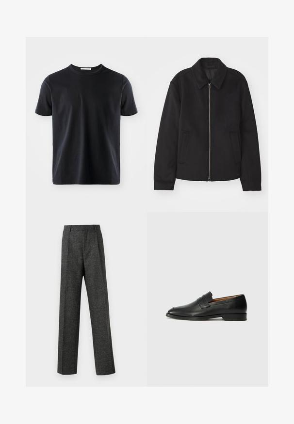 Čierna bunda so zipsom, upravený strih, okrúhly golier a bočné vrecká. Vyrobená z hladkej, textúrovanej látky.; Čierne bavlnené tričko s okrúhlym výstrihom a krátkymi rukávmi. Hladká textúra, klasický strih a žiadne viditeľné vzory ani akcenty.; Sivé úzke nohavice z textúrovanej látky, s dvoma prednými skladmi a rovnými nohavicami. Bez viditeľných vreciek alebo ozdôb.; Čierne kožené mokasíny s okrúhlou špičkou, jemným prešitím a nízkym podpätkom, s hladkou textúrou a minimalistickým dizajnom.