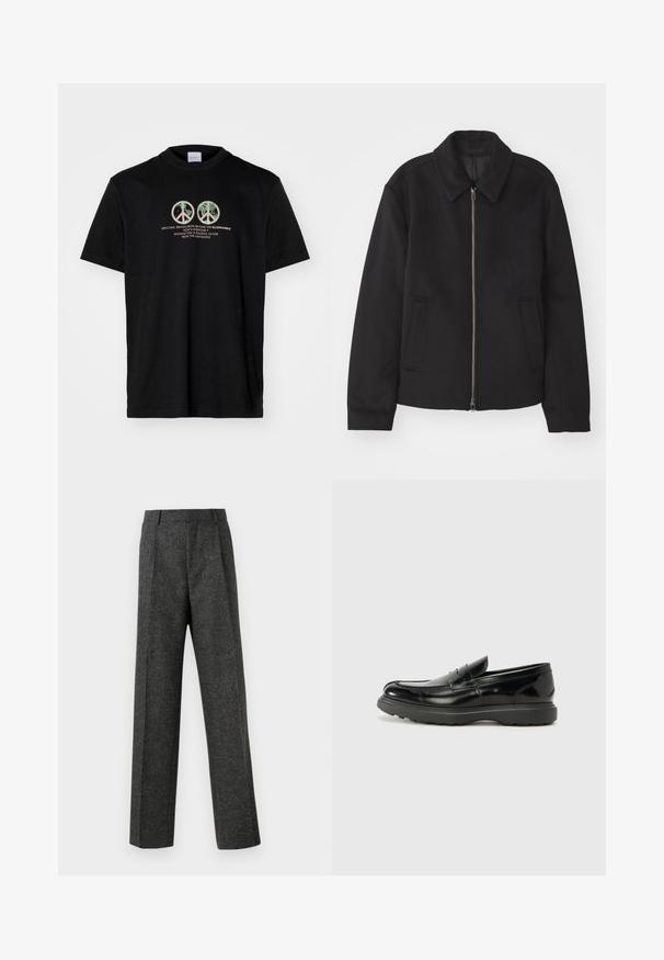 Černá bunda se zipovým uzávěrem, střižená designem, kulatým límcem a kapsami na bocích. Vyrobena z hladké, strukturované tkaniny.; Černé bavlněné tričko s dvěma grafikami znaků míru a textem: "VÍTEJTE, BYTOSTI Z NADPŘIROZENÉHO MODRÉHO MARMORU" v mnohobarevném tisku.; Šedé kalhoty na míru vyrobené z texturované tkaniny, s dvěma předními záhyby a rovnými nohavicemi. Bez viditelných kapes nebo ozdob.; Černé kožené mokasíny s lesklým povrchem, kulatou špičkou, nenápadnými švy a silnou gumovou podrážkou pro odolnost.