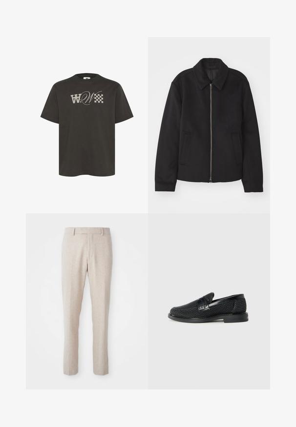 Černá bunda se zipovým uzávěrem, střižená designem, kulatým límcem a kapsami na bocích. Vyrobena z hladké, strukturované tkaniny.; Tmavě šedé bavlněné tričko s velkým stylizovaným logem "W" a kostkovaným vzorem na přední straně. Krátké rukávy a design s kulatým výstřihem.; Beige tkané kalhoty s rovný fit, s plochým předním dílem, poutky na pásek a bez viditelných vzorů či kovových detailů.; Černé pletené nazouvací boty s hladkým koženým akcentem na svršku, kulatou špičkou a nízkoprofilovou gumovou podrážkou.