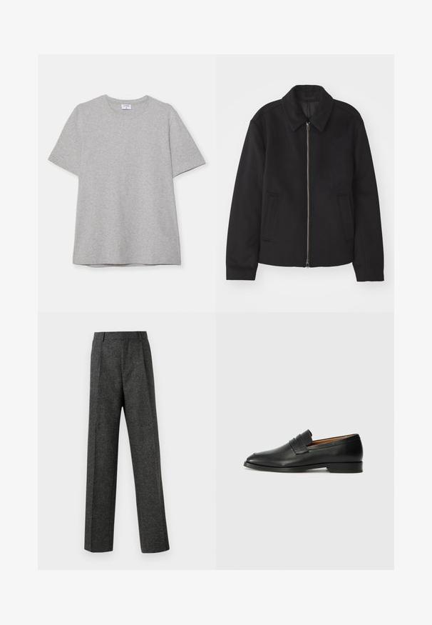 Crna jakna s patentnim zatvaračem, prilagođenog dizajna, zaobljenim kragnom i proreznim džepovima. Izrađena od glatkog, teksturiranog materijala.; Siva majica s kratkim rukavima napravljena od mekane, teksturirane tkanine. Ima klasičan izrez oko vrata i ravni rub, prikladna za svakodnevno nošenje.; Sive prilagođene hlače od teksturiranog materijala, s dva prednja nabora i ravnim krojem. Nema vidljivih džepova ili ukrasa.; Crni kožni loafer s okruglim vrhom, suptilnim šavovima i niskim petama, s glatkom teksturom i minimalističkim dizajnom.